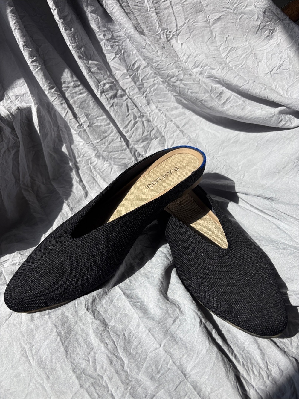 Rothy's Black Pointed Knit Mule with Blue Trim